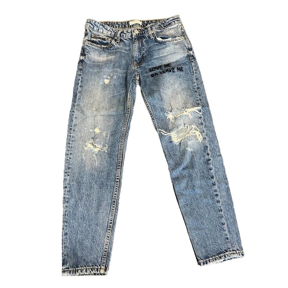 Zara‎ Women Distressed Jeans Size 2 Love Me Or Leave Me Embroidered
